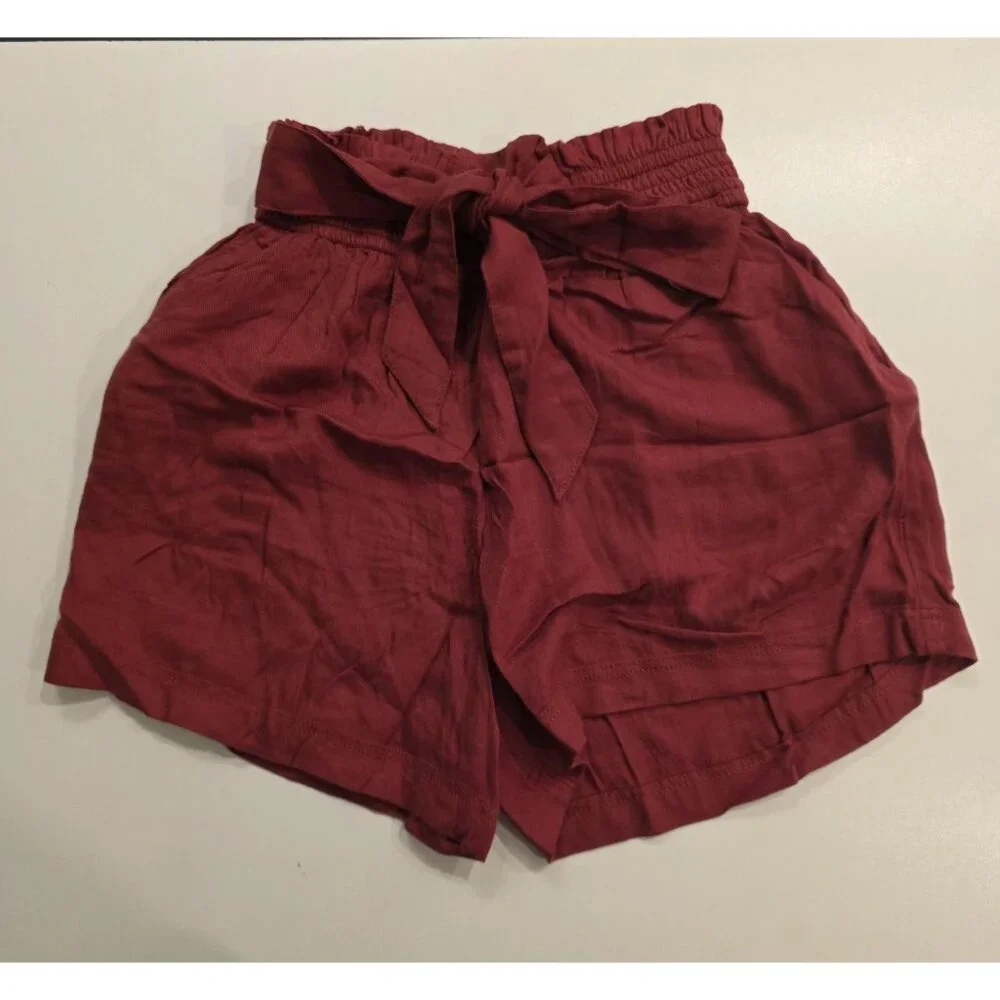Hollister Ultra High-Rise Paper Bag Shorts Belted Red‎ Soft Flowy Viscose XS NEW